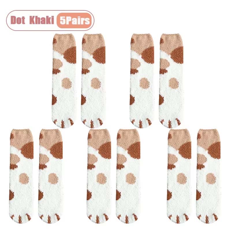 1-10Pairs Autumn Winter Cute Cat Paw Coral Fleece Mid-Calf Socks for Women Thickened and Warm Sleep Socks for Cold Weather
