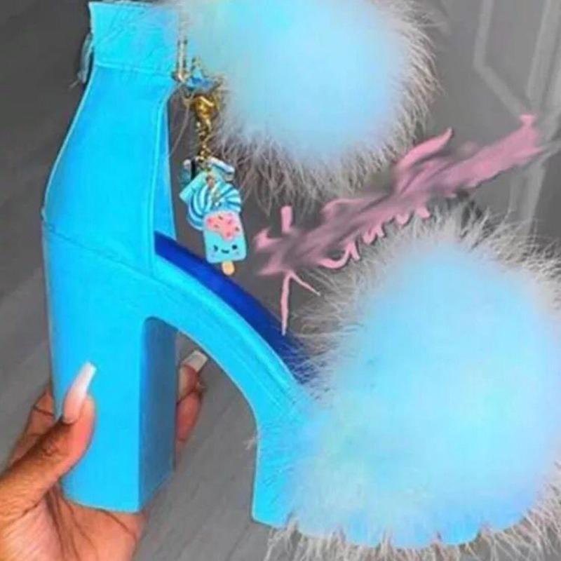 Summer New Thick Heel High Heel Sandals Women's Large Size Women's Fluffy Platform Fashion Women's Sandals
