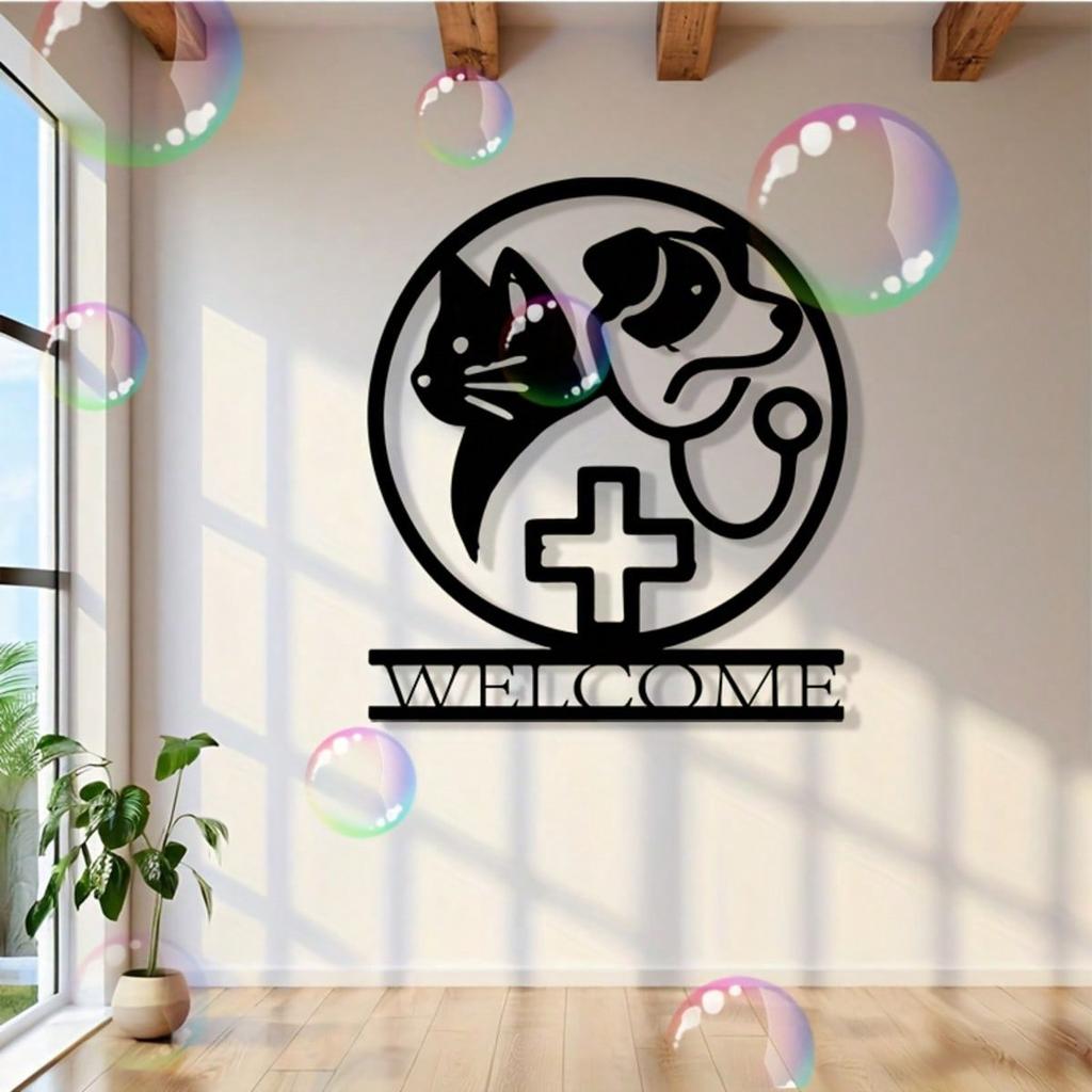 Vintage Vet Clinic Metal Wall Art Iron Pet Decor with Cat Dog Silhouette Welcome Sign Black White Plaque Mounting Kit