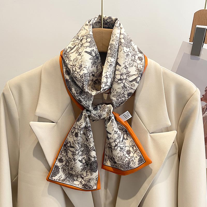 Women Silk Feel Printed Design Scarf Shawl Fashion Luxury Long Narrow Small Silk Scarves Ladies Headband Headscarve bags wrap