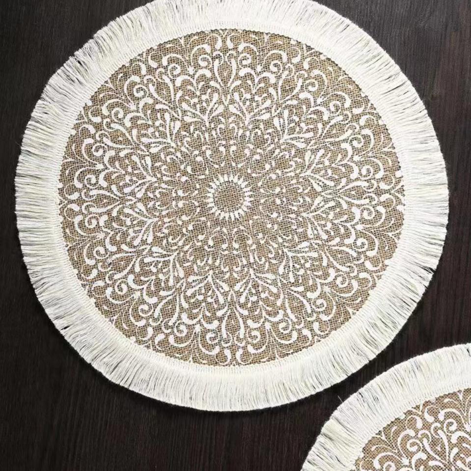 

1 Piece Of Jute Fabric Dining Mat, Modern Geometric Pattern Tassel Edge Round Table Pad, For Bedroom, Living Room, Kitchen Other