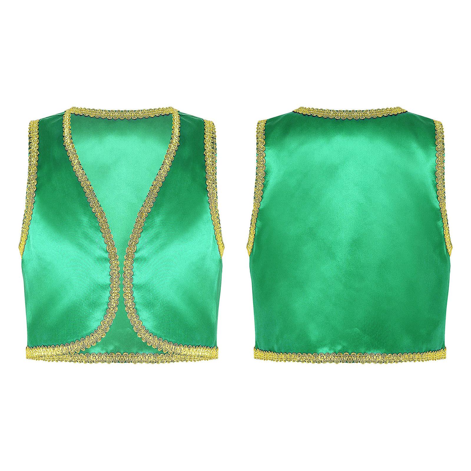 

Костюм арабського принца для хлопчиків, відкрита передня золота облямівка, жилет, хеллоуїнський косплей, нарядне вдягання, казковий косплей 9-10 Years зелений