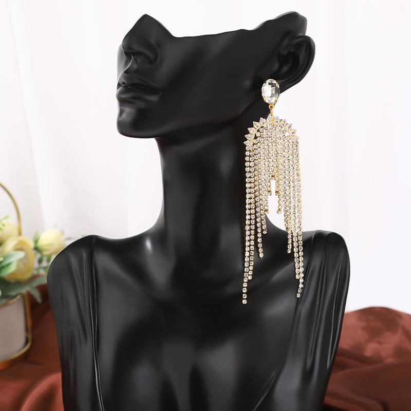 Exaggerated Full Diamond Water Drop Earrings Temperament Versatile Rhinestone Earrings Dress Accessories Exquisite Long Fishtail Earrings золотой