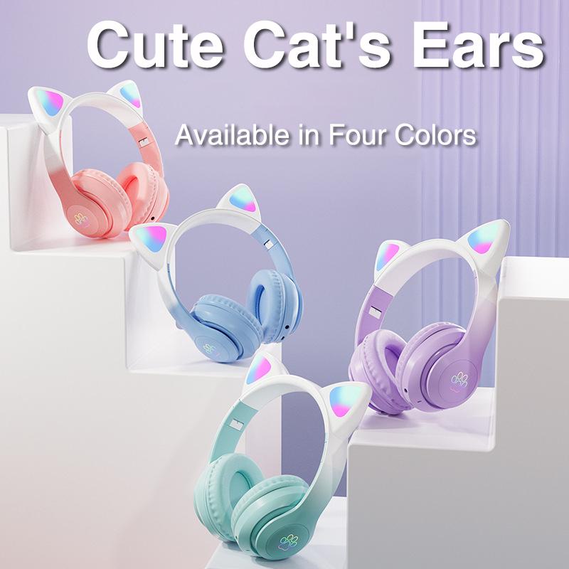 Cat Bluetooth Headphone Wireless Gradient Color Led Light With Mic Kids Girls Stereo Phone Music Headset Gamer Gift