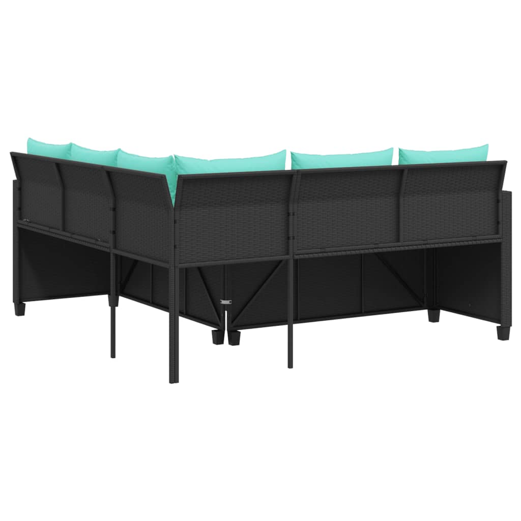 L Shaped Garden Sofa Set with Table and Cushions Black Poly Rattan