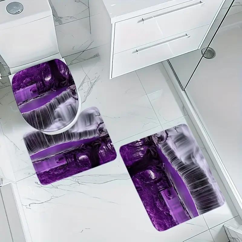 4pcs Purple Hot Spring Waterfall Shower Curtain Set Waterproof Fabric Bath Curtain with 12 Hooks Non Slip Rug U Shaped Mat Toilet Cover Bathroom Decor