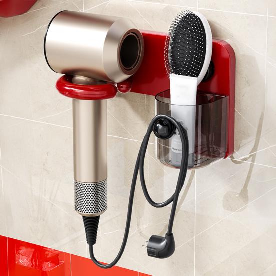 Saklama Kutulu Saç Kurutma Makinesi Tutucu, Kablo Sarma Tasarımlı Duvara Monte Edilen, Delme Gerektirmeyen Kurulum Krem Renkli Banyo Düzenleyici