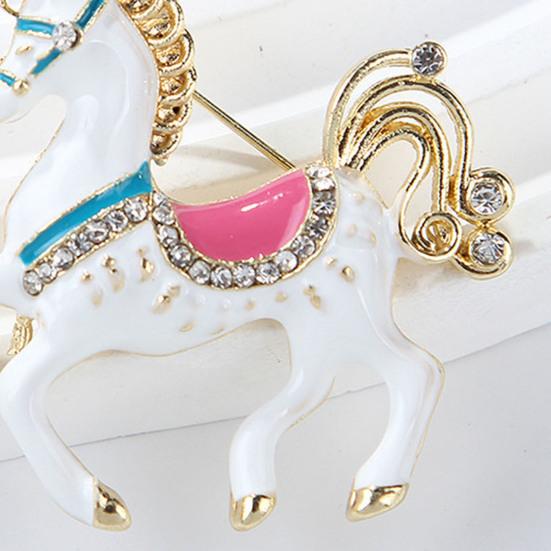 Brooch Zinc Alloy Enamel Pin Carousel Horse Pin with Rhinestones Encrusted Saddle Mane Coat Bag Hat Scarf Accessory