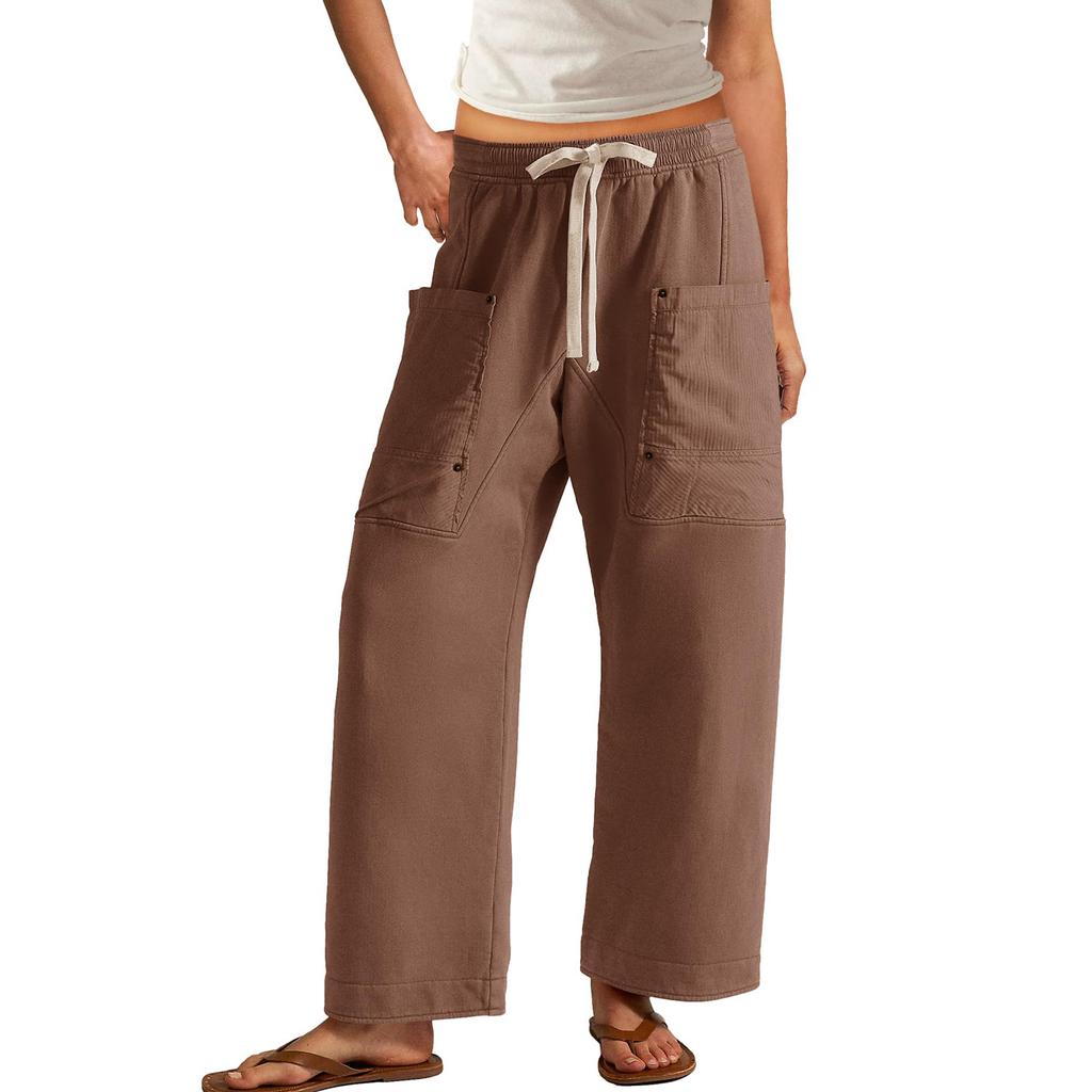 Women's Wide Leg Pants Elastic Drawstring Waist Pants Beach Vacation Casual Trousers With Pockets