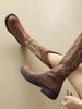 Fashion Women's Shoes Embroidered Western Cowboy Boots Autumn Pointed Toe Thick Heel High Knee Boots Woman Loose PU Leather Botas Mujer