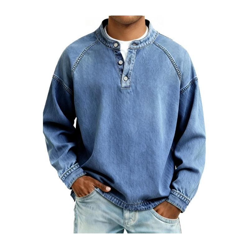 Men's Long Sleeve Pullover Shirt, Loose Fit Polyester Solid Color Rounded Collar Shirt with Button Detail, Casual All Season Top