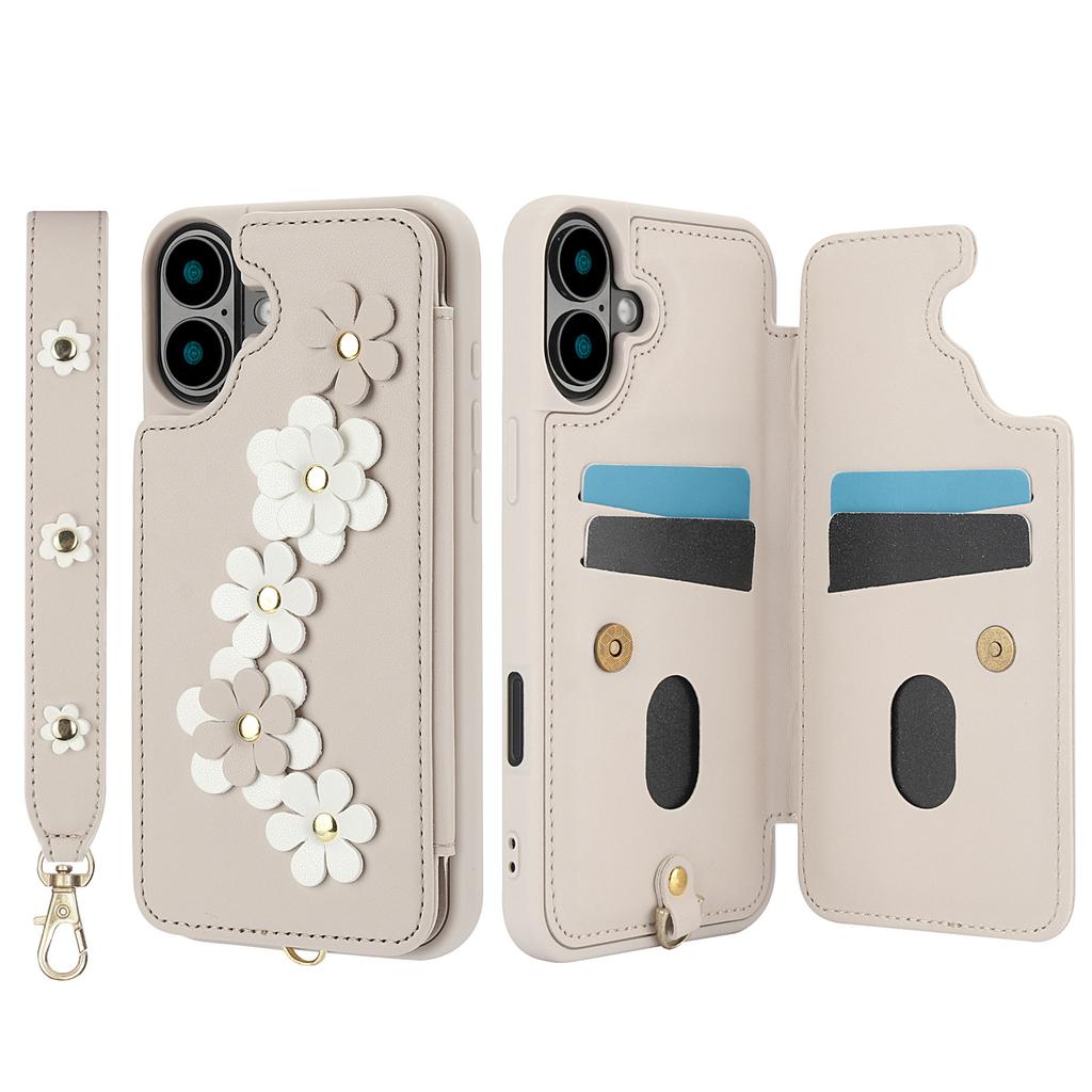 Applicable to iPhone16E multi-function mobile phone case 17Pro flower card holder anti-drop diagonal span rope portable rope