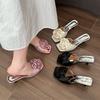 2025 Spring and Summer New Satin Rose Decoration Stiletto High Heels Open-toed Fashionable Round Head Cool Slippers Women's Shoes