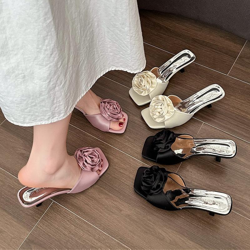 2025 Spring and Summer New Satin Rose Decoration Stiletto High Heels Open-toed Fashionable Round Head Cool Slippers Women's Shoes