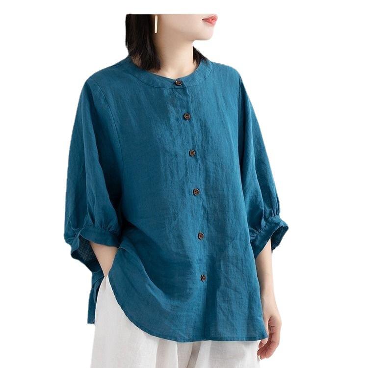 2025 Sommer neues Baumwoll- und Leinenhemd Damen Laternenärmel Retro Oberteil locker halblangärmlig große Größe Hemd Damen
