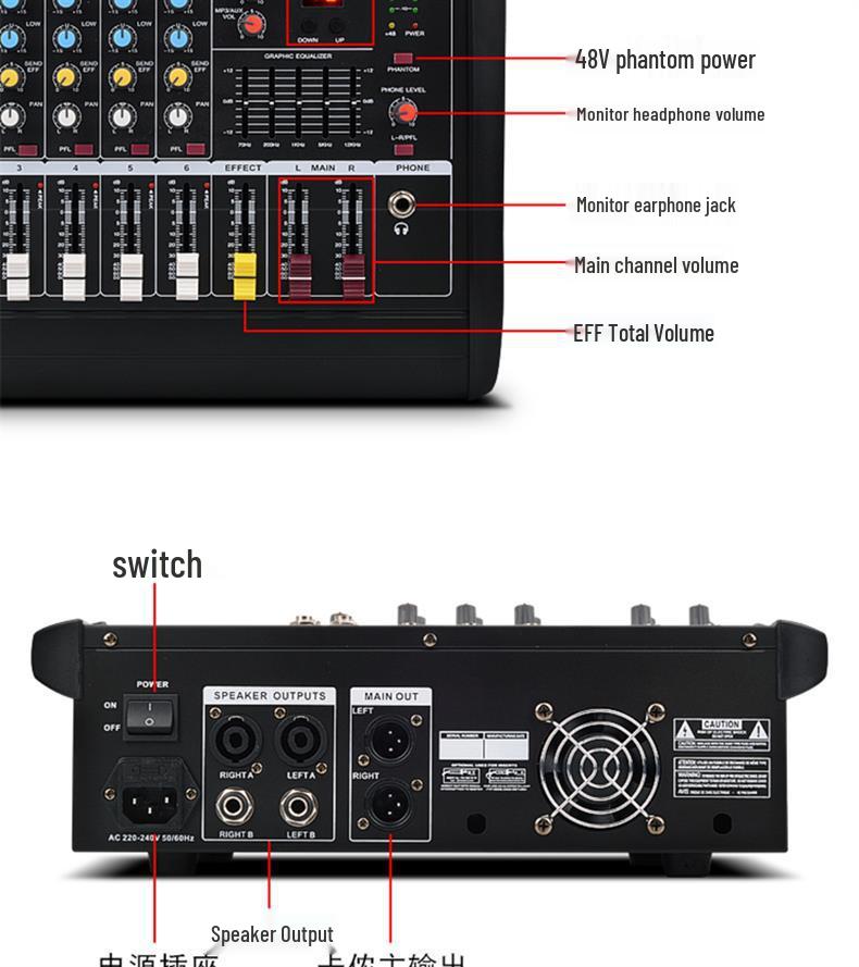All-in-One 4/6 Channel Professional Mixer Amplifier with High Power, Reverb, and Equalizer for Stage and Wedding Performances