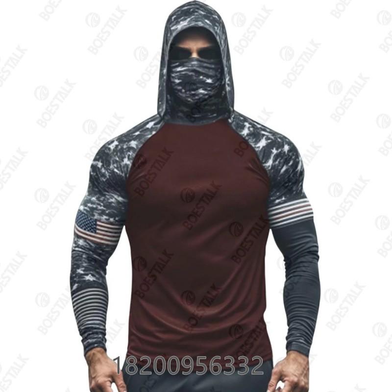 Mens Camo Fishing Shirt UPF50 Sun Protection Hooded Mask Quick Dry Wear