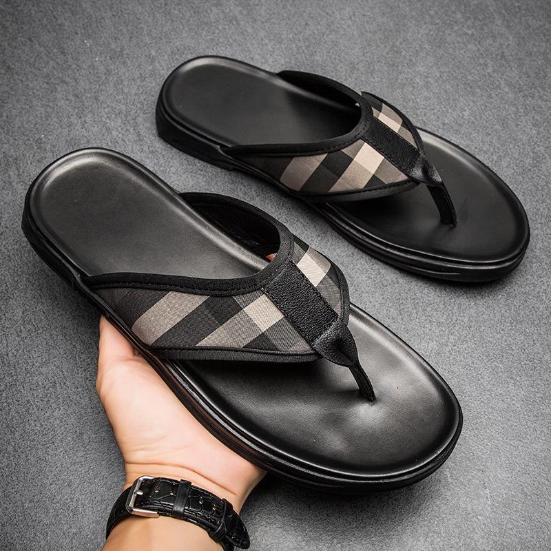 Plain version dynamic cool slippers men's summer toe flip-flops men's cowhide sandals men's shoes first layer beach shoes comfortable
