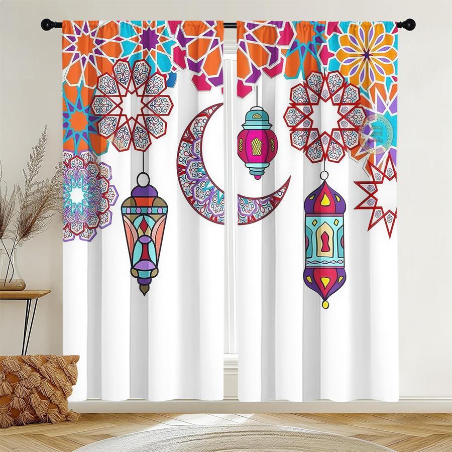 2pcs Colorful Moroccan Pattern Lantern & Crescent Curtains Perfect for Ramadan/Eid Window Decor Rod Pocket Curtains