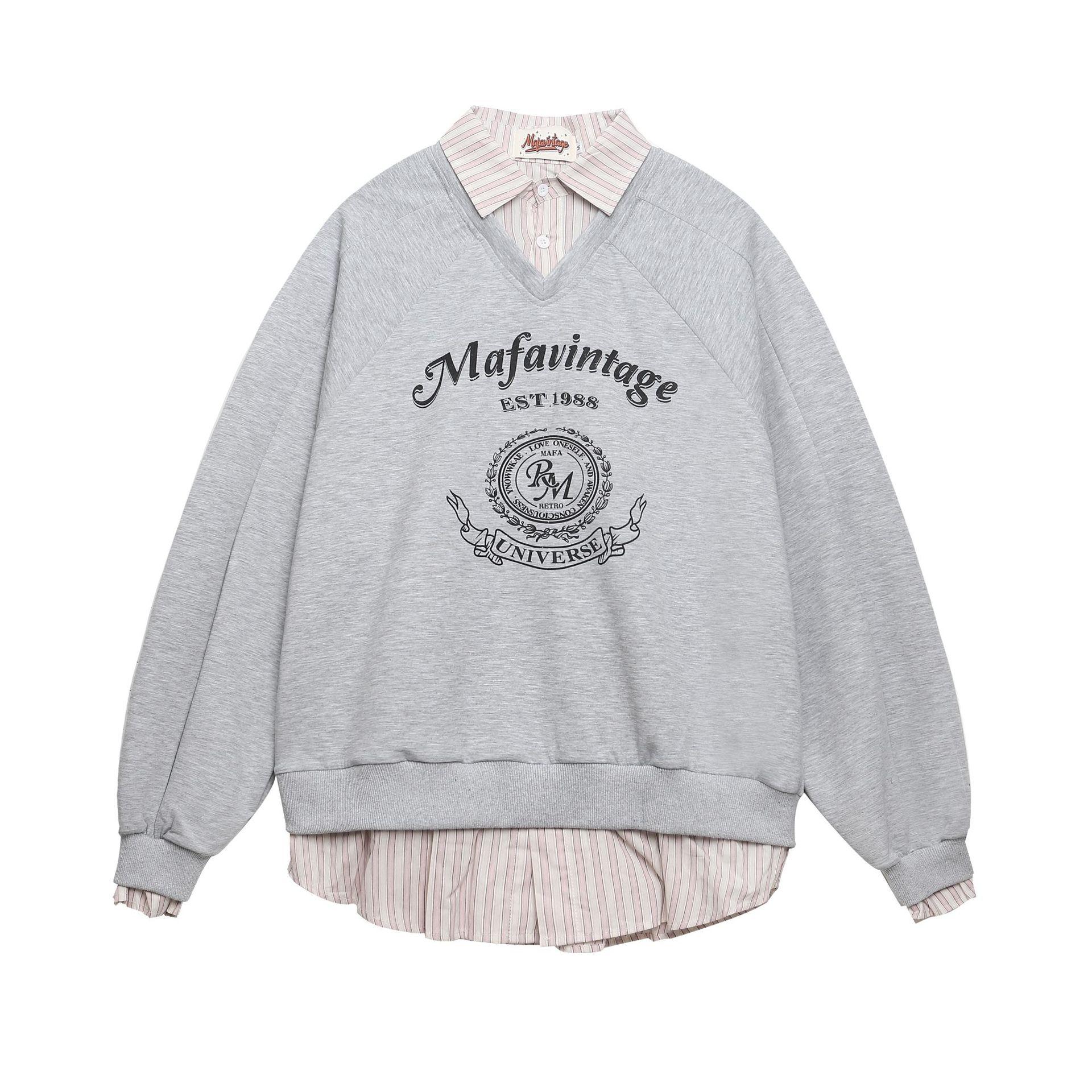 Men s autumn American retro campus style fake two-piece polo shirt lapel sweater for men and women M
