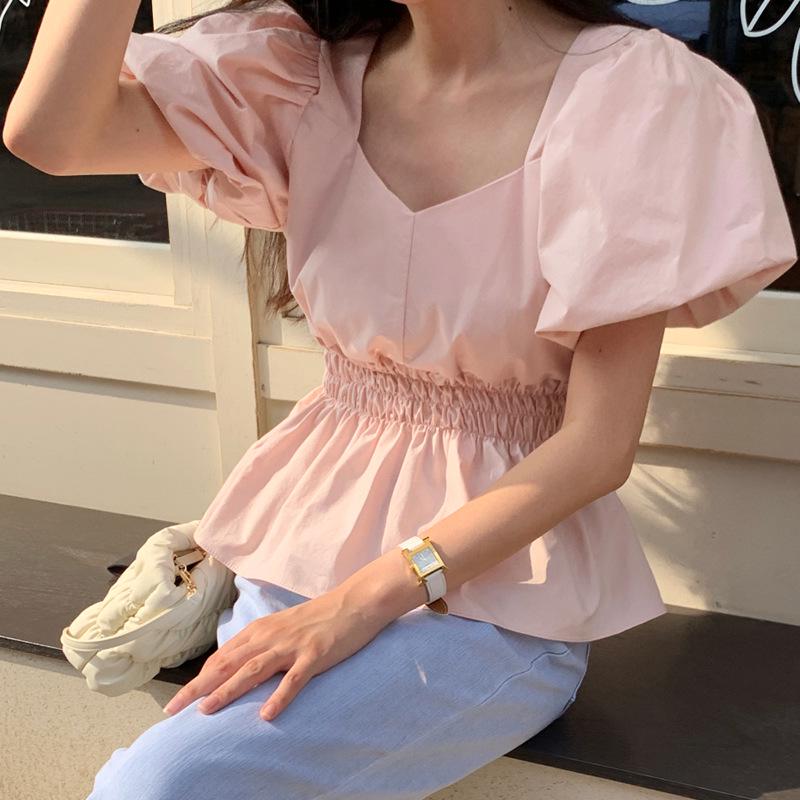 Koreanisches Sommer Puffärmel Quadratkragen Slim Fit Hemd für Damen
