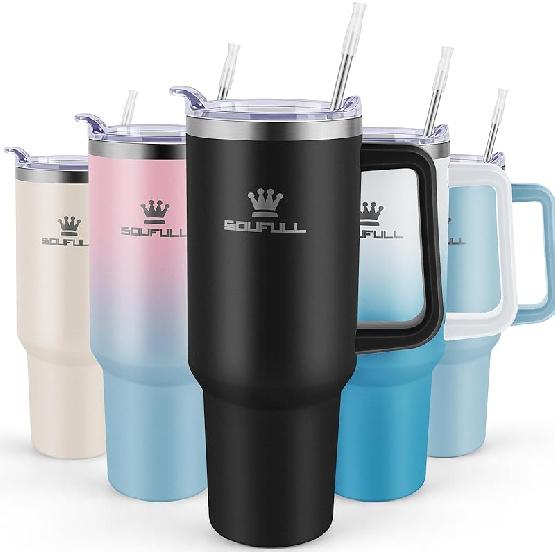 40 Oz Tumbler with Handle and Straw Lid, 100% Leak-proof Travel Coffee Mug, Stainless Steel Insulated Cup For Beverages, Keeps Cold for 34Hrs or Hot