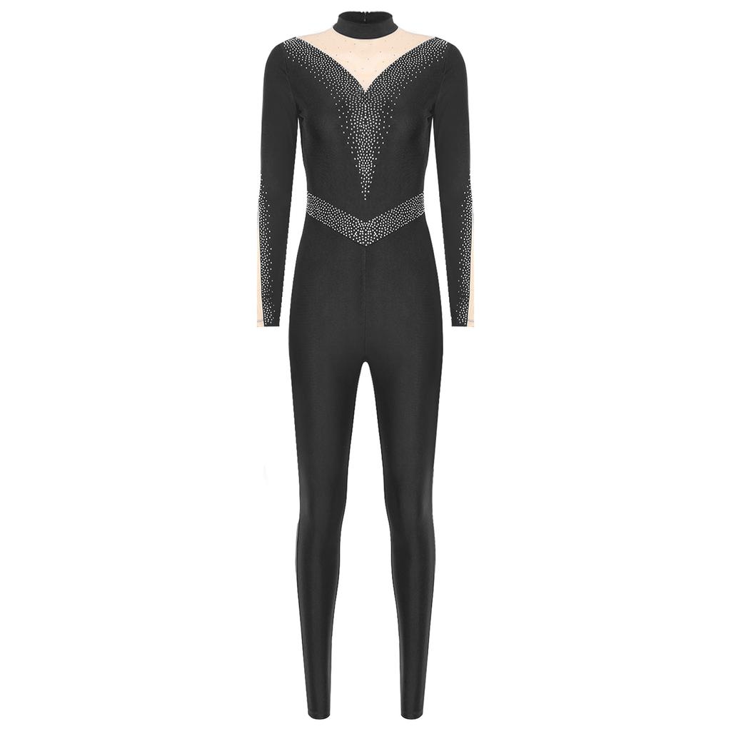 Womens Sparkle Rhinestone Dance Gymnastics Leotard Mock Neck Long Sleeve Long Pants Jumpsuit