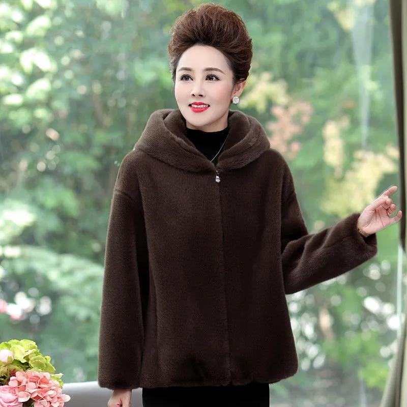 Autumn and Winter Women's Faux Mink Fleece Coat with Hood and Zipper