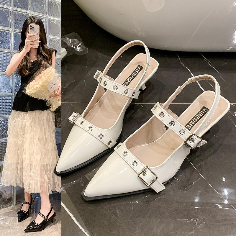 High heels women's summer 2025 new French bag head shallow mouth single shoes rear empty thin heel pointed versatile sandals women