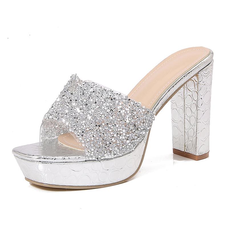 

Women Glitter High Thick Heel Sandals Peep Toe Platform Slide Sandals for Office Nightclub Evening Party Banquet Model Host 42 срібний