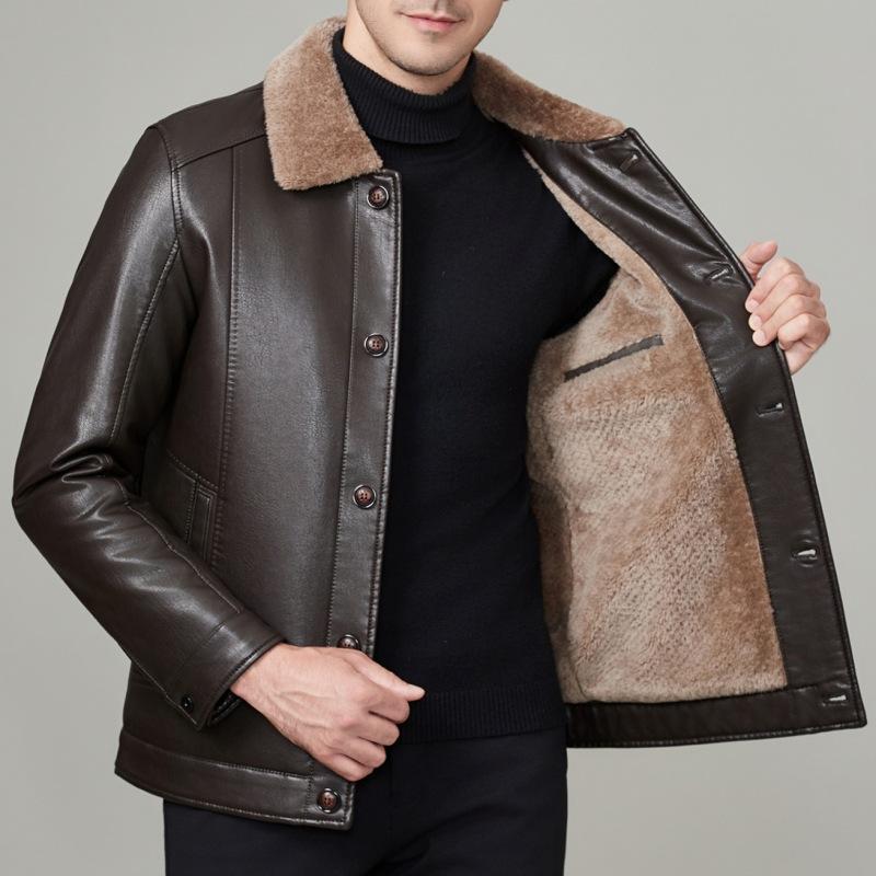 

Genuine Leather Jacket Men s Jacket Plus Velvet and Thickened Fur All-in-one Middle-aged and Elderly Dad s Clothing Loose and Casual 170