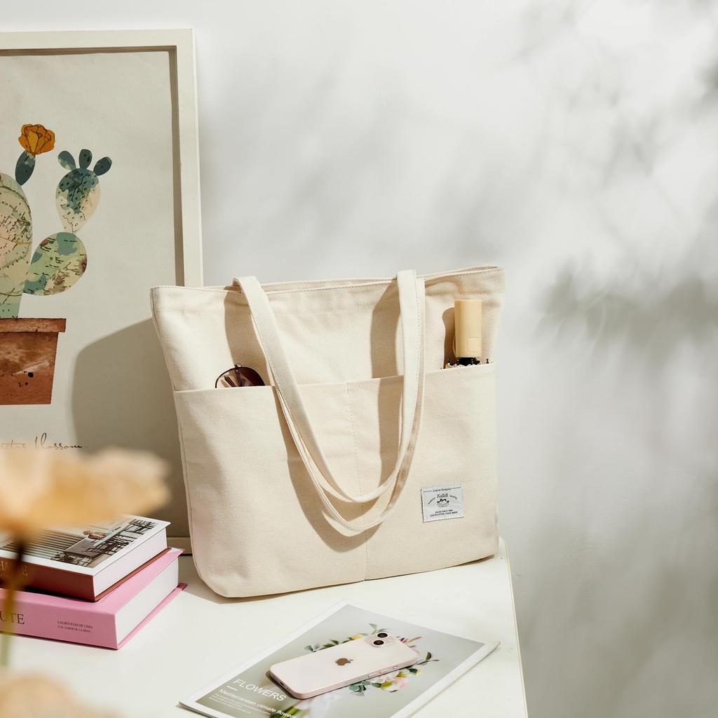 Tote Bag for Shoulder Large Large Canvas For With With Pocket [KALIDI] Women, Bag, Capacity, Over-the-Shoulder Bag, Tote, Plain, School, Travel,