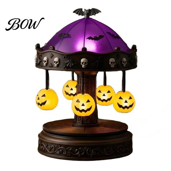 Victorian Gothic Nightlight Ghost Carousel Light, Halloween Night Stained Glass Shade Haunted House Props with Floating Ghosts/Pumpkins, Spooky Table Not rotatable