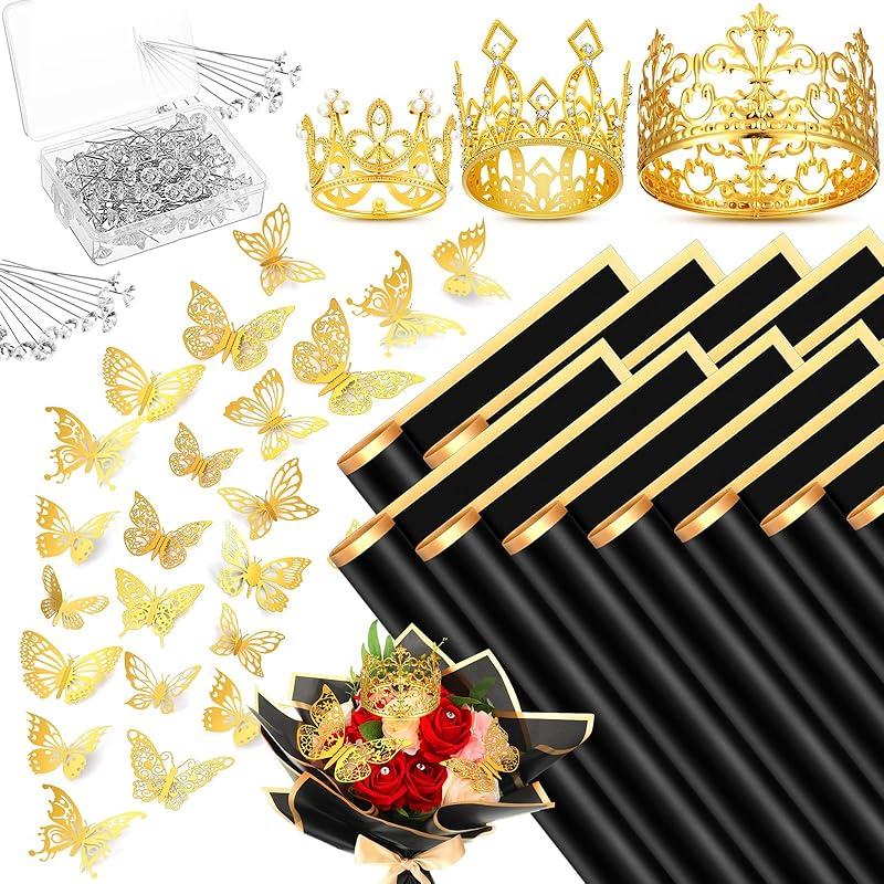 Qeeenar 40 Sheets Flower Bouquet Wrapping Paper Waterproof Florist Bouquet Packaging Paper with 3 Pcs Crowns 48 Pcs 3D Butterflies Decor 100 Pcs