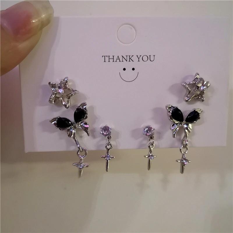 6PCS Black Heart Earrings Set for Women Simple Temperament Ladies Hoop Earrings Holiday Jewelry Gifts