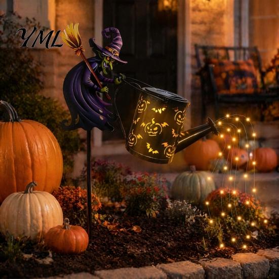 Unique Magic Cauldron Decor Solar Christmas Santa Yard Light, Witch Skull Projection Garden Stake Lamp with LED Flowing Water Lanterns & Waterfall