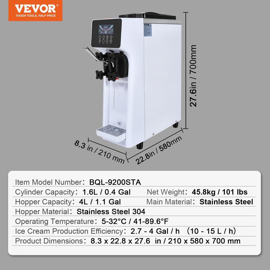 Soft Serve Ice Cream Machine Maker 10L/H Yield Single Flavor Countertop