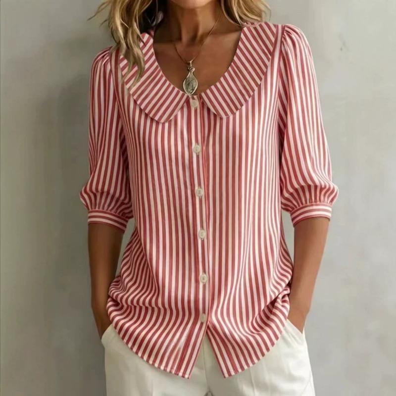 

Women s Striped Peter Pan Collar Blouse Button-Down Puff Short Sleeve Shirt S рожевий