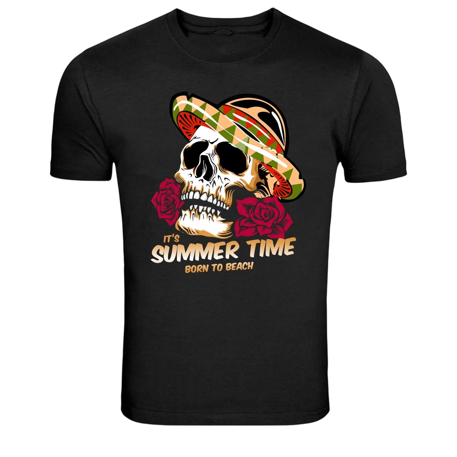 Summer Time Skull Beach Graphic T-Shirt Born To Beach Vacation Tee XXL