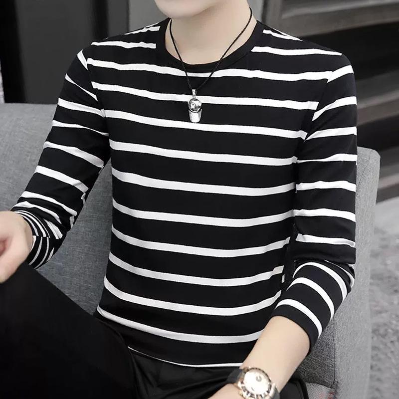 Men s Striped Slim Fit Long Sleeve Round Neck Thin Base Layer for Autumn/Winter 2XL