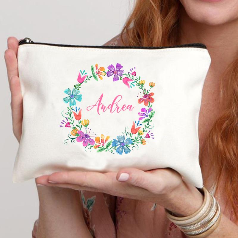 Garland Personalized Name Canvas Cosmetic Bag Travel Zipper Storage Toiletry Bags Retro Pencil Case Teacher Bride Gift Customize