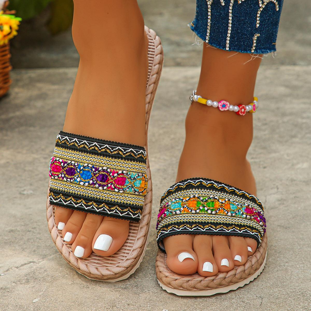 

New thick-soled large-size shoes casual one-word flat-bottom cool slippers hemp rope bottom open-toe one-word drag 43 чёрный