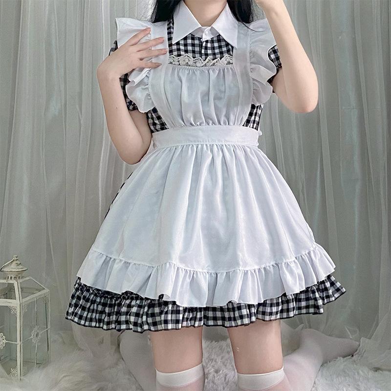 Japanese anime maid outfit restaurant cafe plaid dress cosplay costume suit
