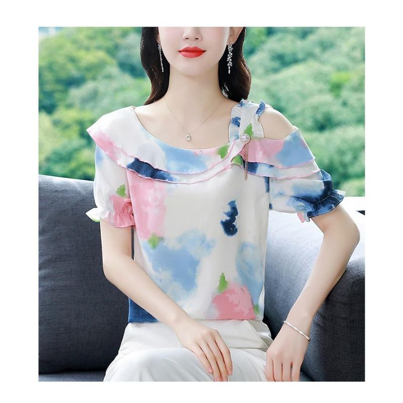 Sommer Neues Koreanisches Stil Chiffon Hemd Kurzärmelige Bluse Bedruckt Mode Locker Blumen Top