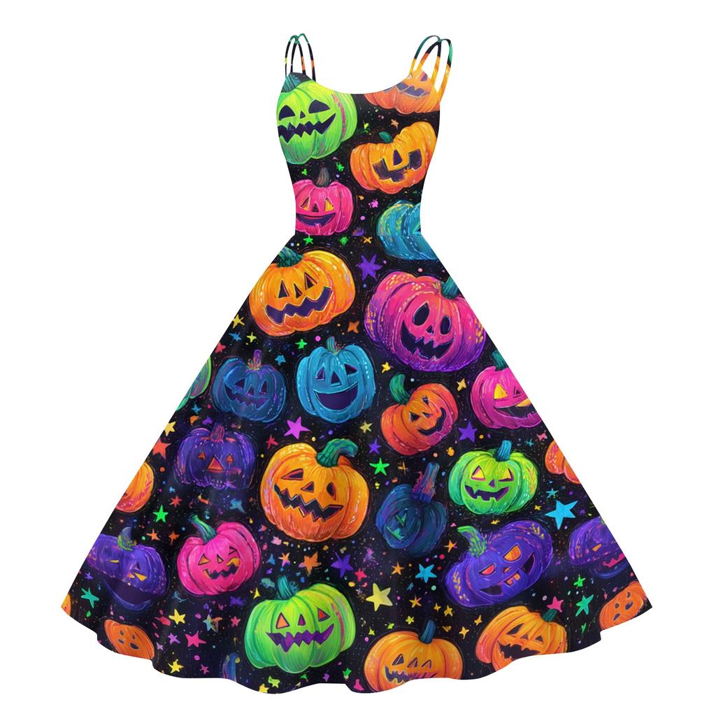 Women's Halloween Print Off Shoulder Dress Punk Vintage Style Sleeveless Spaghetti Strap Dress with Flared Skirt for Costume Party