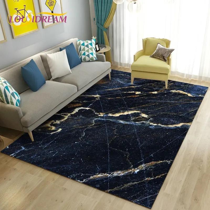 Nordic Marble Texture Goldren Cyan Area Rug Large,Carpet Rug for Living Room Bedroom Sofa Doormat Decor,Kid Non-slip Floor Mat