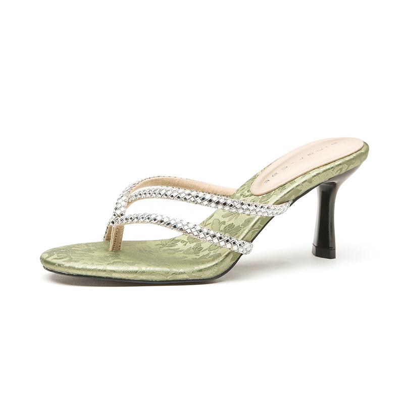 72902 high-heeled slippers women's thin heels 2025 summer new national style cool slippers rhinestone word with mezzanine sandals