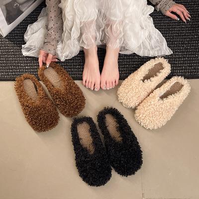 Baotou Lamb Wool Slippers Women's Autumn and Winter Wear 2025 New Thick-bottomed Muffin Internet Celebrity Piled Cotton Slippers