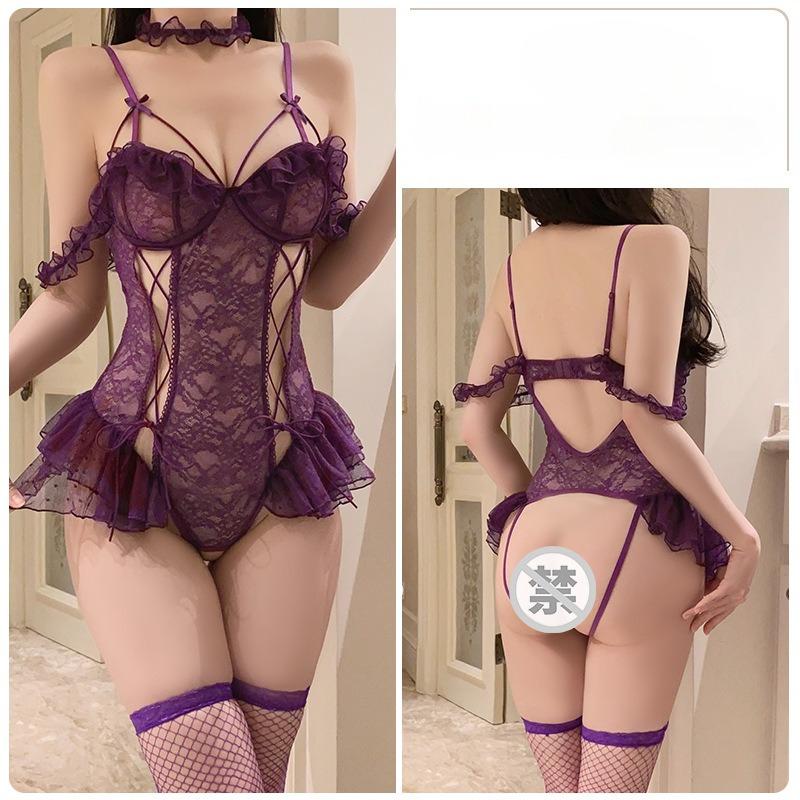 Women’s Sheer Mesh Lace Bodysuit Sexy Open-Crotch Backless Lingerie with Collar Strap