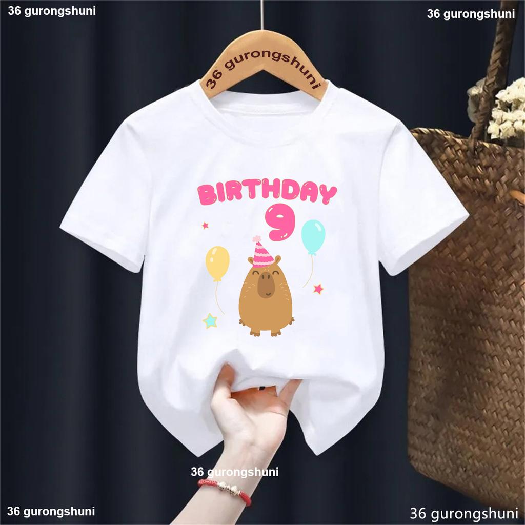 5th/6th/7th/8th/9th Birthday Capybara Balloon Printed Tshirt Girls/Boys Funny Kawaii Kids Clothes Fashion Solid T-Shirt Tops
